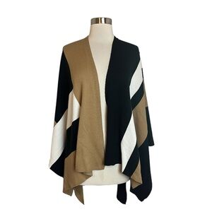 Parrish LA Stevie Wrap Poncho One Size Black Camel Tan White Stripe Knitwear